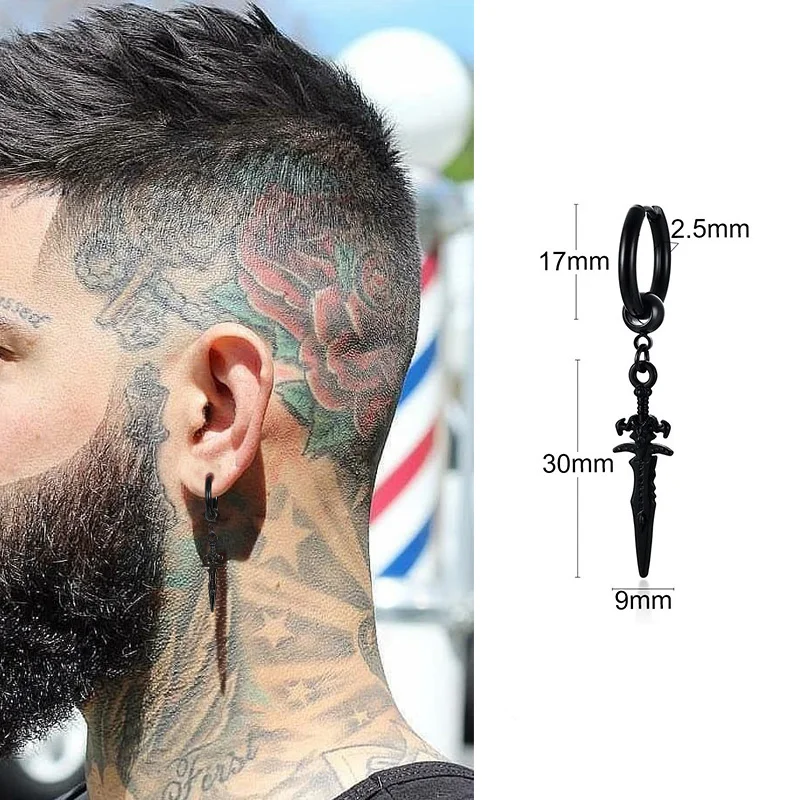 Orecchini A Polsino Uomo - Spada Pugnale In Acciaio Inox Con Catena - Gioielli Punk Goth