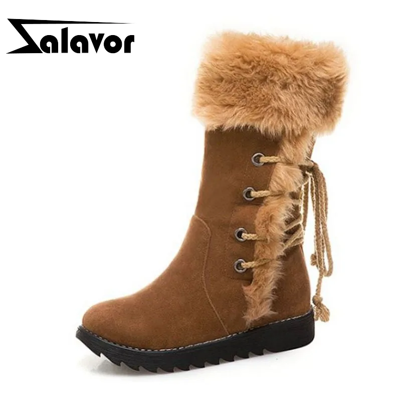 

ZALAVOR Women Snow Boots Plush Fur Round Toe Winter Shoes Women Thick Fur Lace Up Mid Calf Boots Lady Footwear Size 34-43