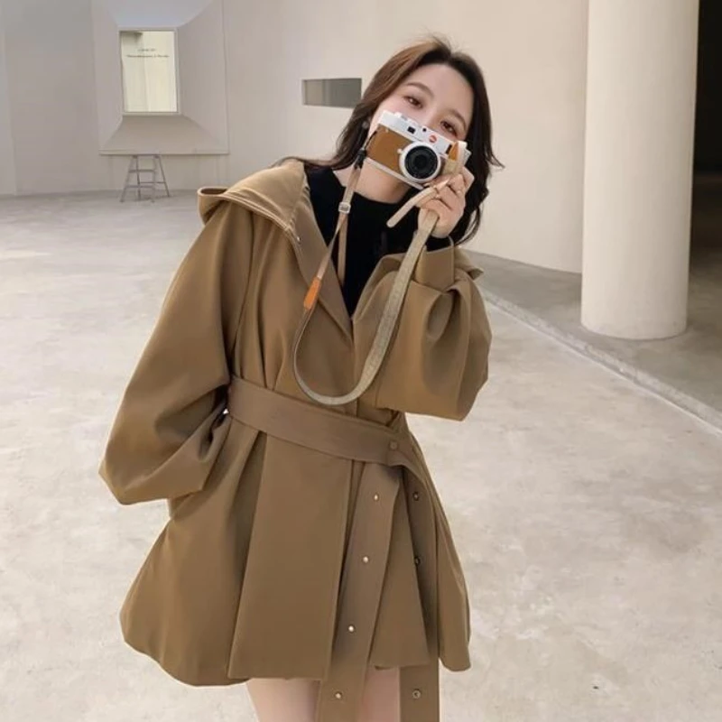 Fashion Elegant Women's Short Windbreaker Trench Coat Autumn and Spring Korean Loose Hooded Plus Size Jacket Original Fabric Parkas