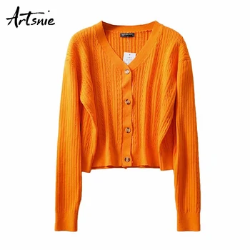 

Artsnie orange v neck cardigans sweater women autumn 2019 button knitted jumpers casual long sleeve sweaters pull femme