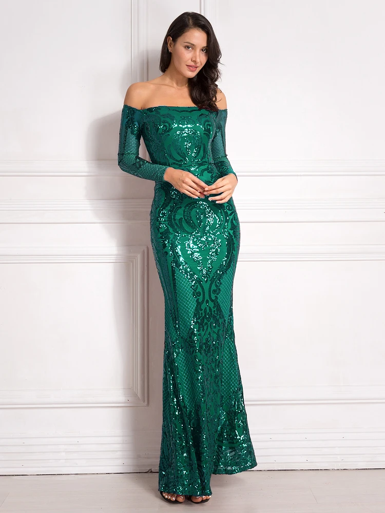 Длинное платье с вырезом лодочкой и блестками; вечернее платье с открытыми плечами; элегантное платье с блестками; цвет бордовый, золотой, зеленый
