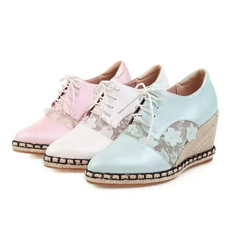 2020 Spring Autumn New Straw Wedge Shoes Women Deep Mouth High Heels Mesh Lace Stitching Lace-Up Pointed Toe Pumps Women's Shoes (4)
