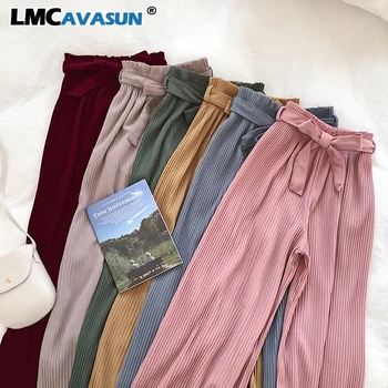 

LMCAVASUN Wide Leg Pleated Pants Women Solid Drawstring Stretch Waist Ladies Trousers Casual Loose Straight Female Pants