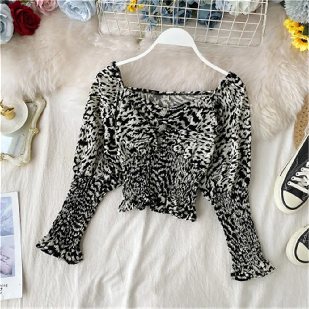 Новинка, рубашка с квадратным воротником, леопардовая пышная блуза с длинными рукавами, приталенная плиссированная дизайнерская блузка с бисером, осень-весна, PZ2810