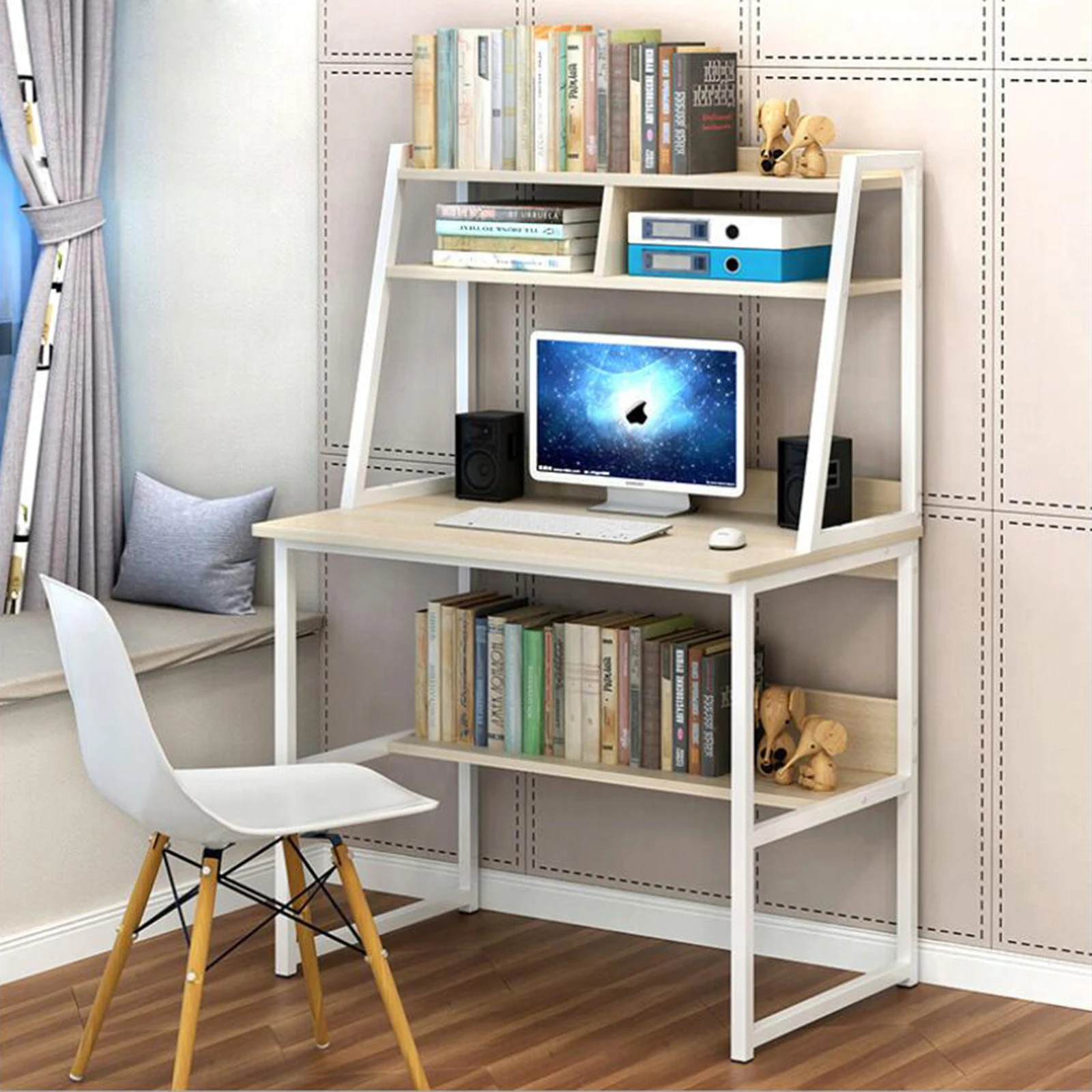 Modern Computer Desk With 4 Tier Shelves Book Storage Pc