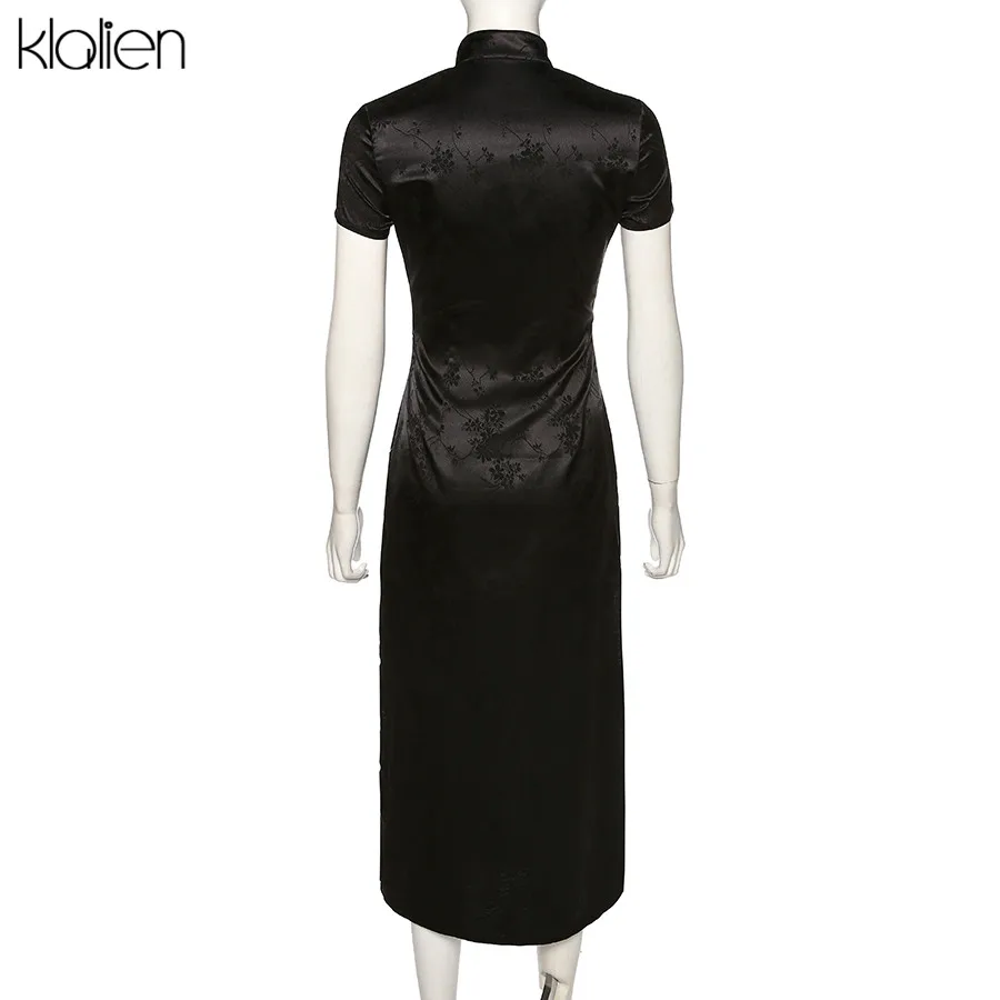 KLALIEN Black Monochrome Printing Satin Traditional Chinese Dresses Long Qipao Dress Sexy Split Tang Costume Banquet Qipao Woman maxi dresses for women