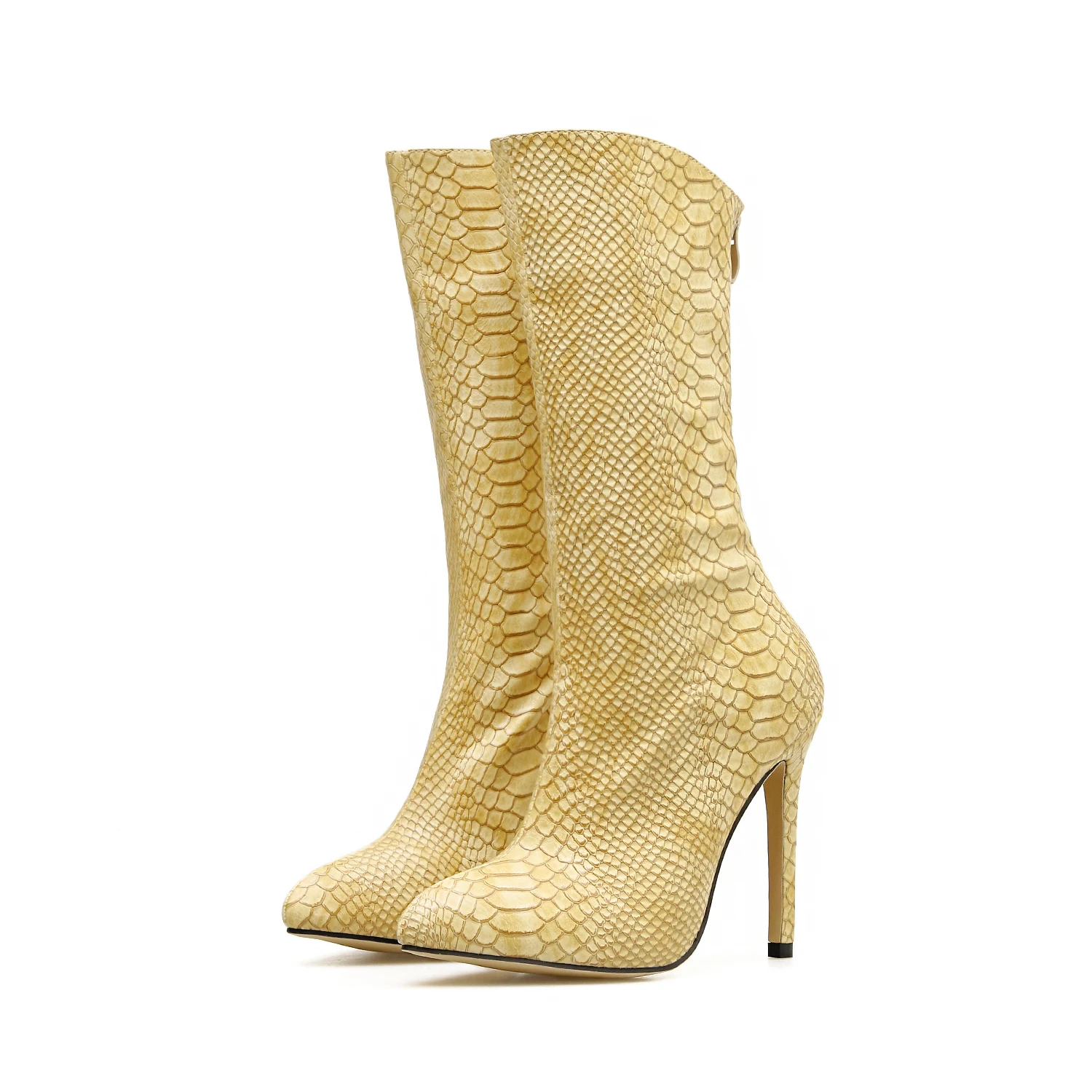 

European Superstar Woman Boots Yellow Snake Skin Pointed Toe Thigh High Heels Mid-calf Tacones Winter Long Gladiator Booties