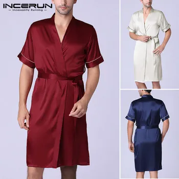 

INCERUN Mens Silk Stain Pajamas Robe Man Bath Short Sleeve V-Neck Sleepwear Male Solid Color Nightgowns Silky Nightgown Set 5XL