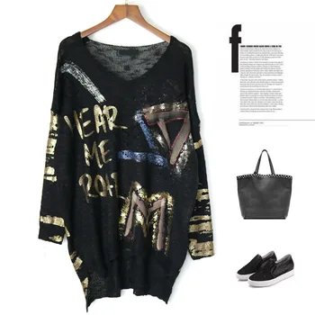 

V Neck Silver Letter Jumpers Women 2019 New Spring Black Oversize Loose Full Sleeve Pullovers Rock Fashion Tide Sweater LT976S30