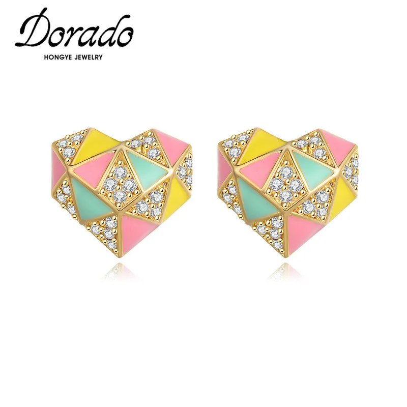 Dorado романтические красочные лаковые сердца сверкающие Фианиты Серьги-гвоздики