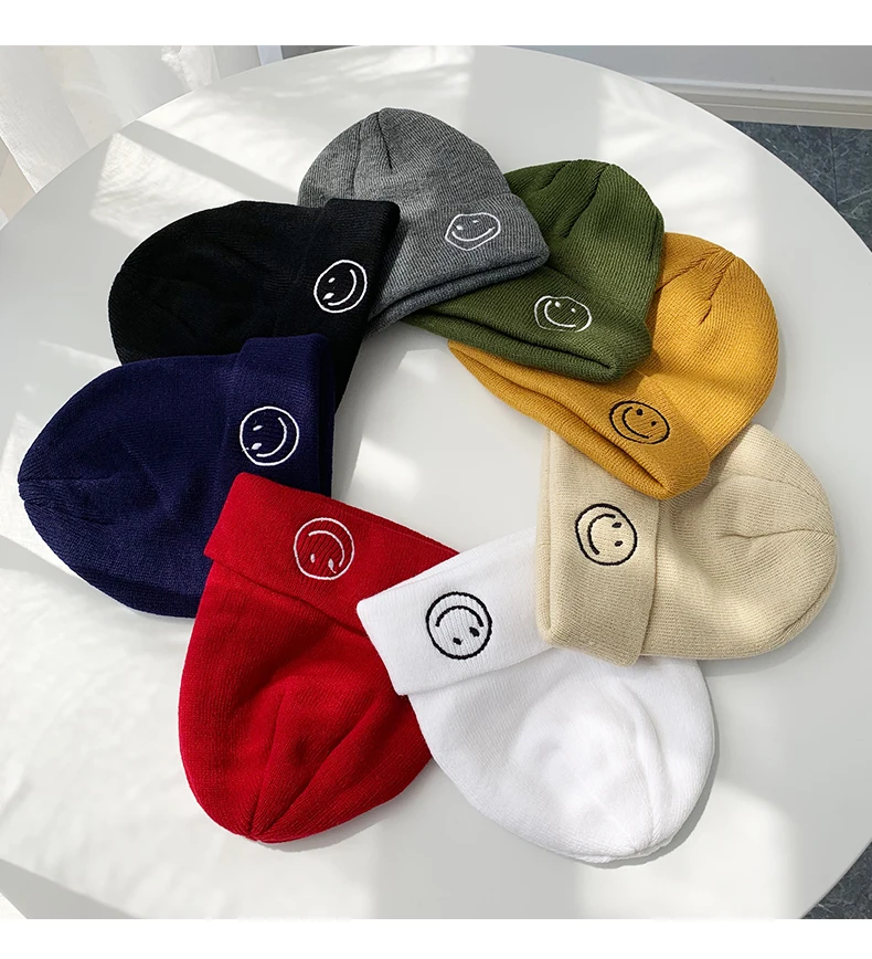 Skullies, женская зимняя шапка, женская пара, Корейская версия, смайлик, для студентов, Вязанная, для женщин, высокое качество, высокоэластичные шапки