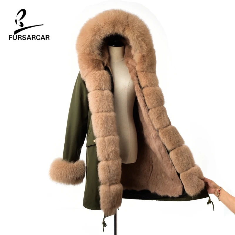 FURSARCAR Amy Green Whaterproof Women Winter Parkas With Real Fox Fur Collar And Rex Rabbit Lining Hooded Long Jackets And Coats