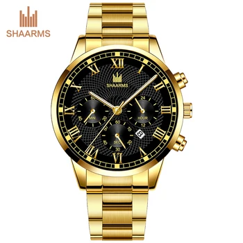 

SHAARMS Luxury Men's Fashion Business Calendar Watches Gold Stainless Steel Band Analog Quartz Watch Relogio Masculino