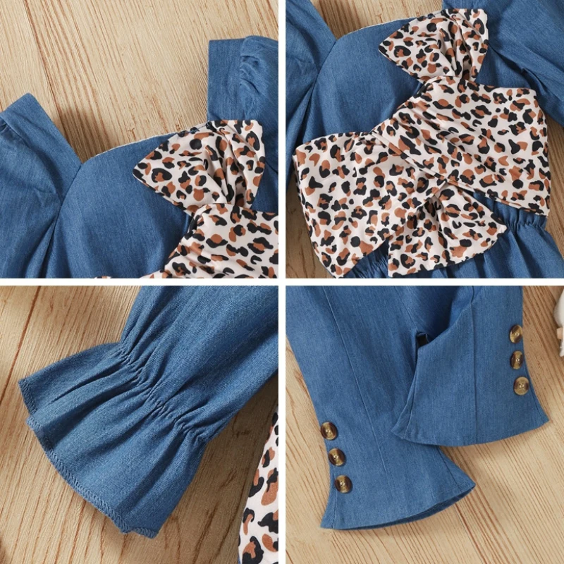 Baywell Infant Baby Girls Clothing Suit Leopard Print Big Bowknot Flared Long-sleeved Tops Denim Flared Pants Headband Clothes small baby clothing set	