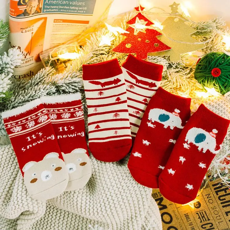 3 пары детских бесшовных махровых носков для малышей, теплые зимние носки в полоску с рождественскими животными для малышей, подарки