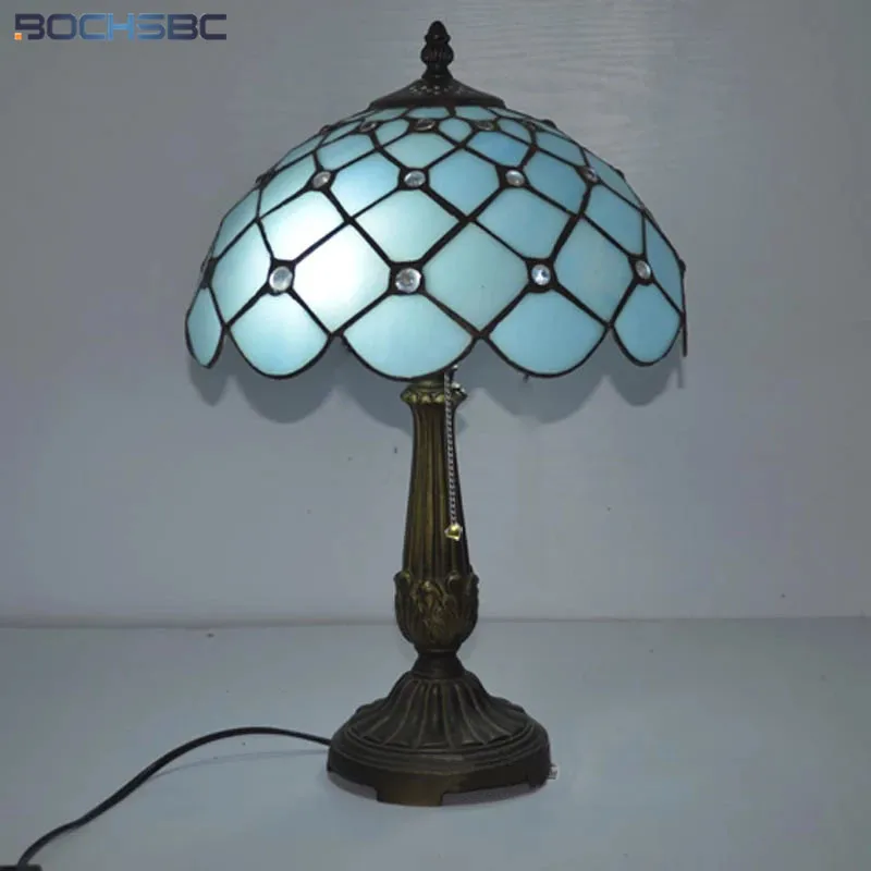 

BOCHSBC Tiffany Stained Glass Table Lamp Mediterranean Sea Beads Glass Bedside Lamp LED Warm Lights For Living Room Table Light