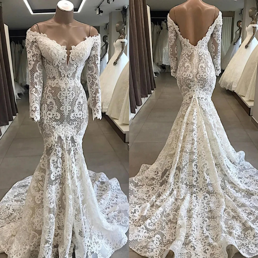 Vestidos De Novia свадебное платье русалки с открытой спиной и плечами кружевное свадебное платье с длинным рукавом свадебное платье