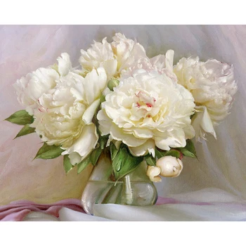 

White peony Frameless Diy digital oil Painting By Numbers Flowers Wall Art Picture By Number Calligraphy Painting