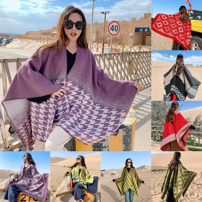 

2021 Blanket Coat Imitation Cashmere Multipurpose Splicing Cape Women's Shawl Show Coat Oversized 130*150cm Poncho Scarf Wraps