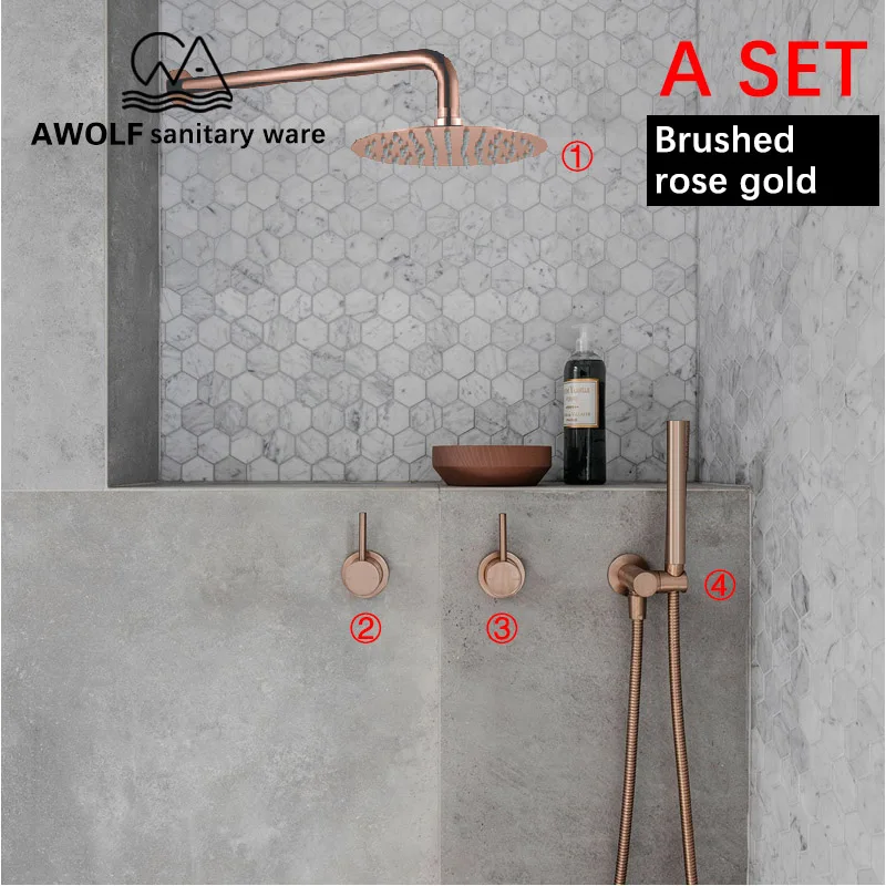 Brushed rose gold A Набор для ванной комнаты, матовый, розовое золото, простота, твердая латунь, 8 дюймов, насадка для душа, кран, смеситель для душа, ванна, черный хром, AH3023 - Цвет: Brushed rose gold A