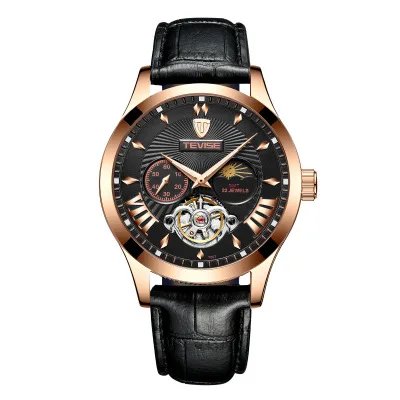 leather black gold Люксовый бренд Tevise Tourbillon Мужские автоматические механические часы Защита от солнца часы для мужчин Полный нержавеющая сталь подарки Relogio Masculino - Цвет: leather black gold