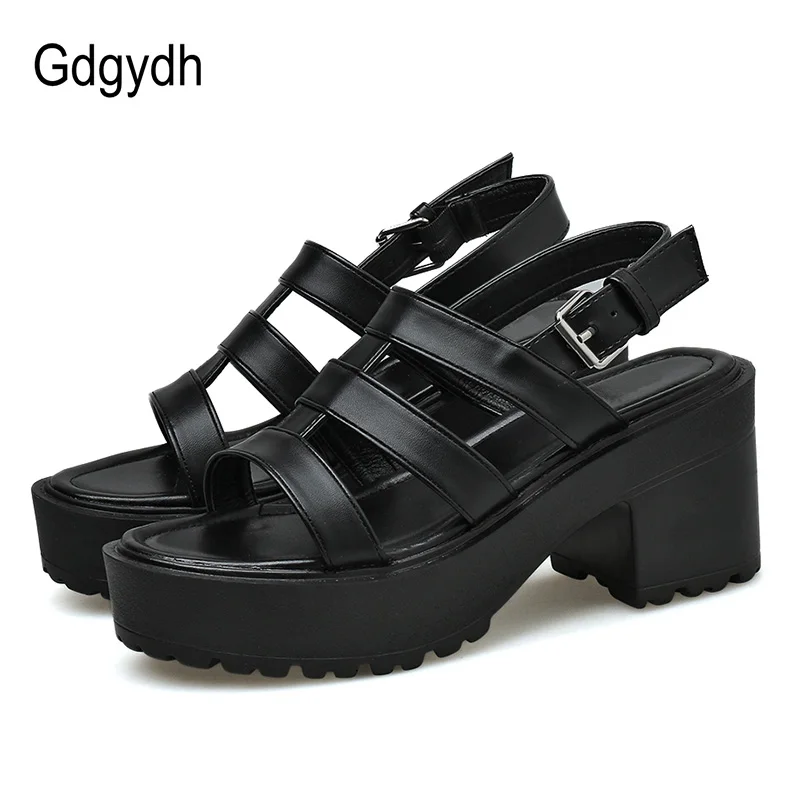

Gdgydh Luxury Designer Sandals For Ladies Vintage Black Leather Punk Style Platform Block Heels Summer Shoes Woman Back Strap