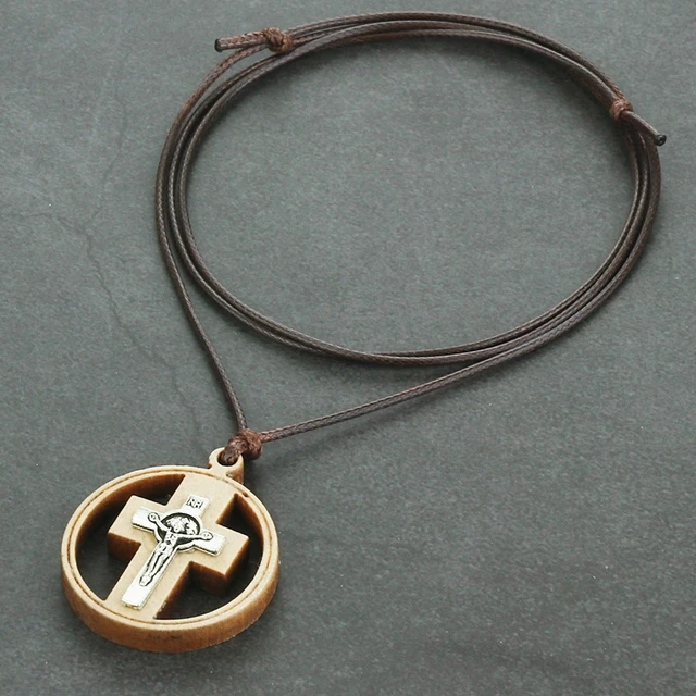 Mens CROSS Metal PENDANT Adjustable Leather NECKLACE Cord Rope Man