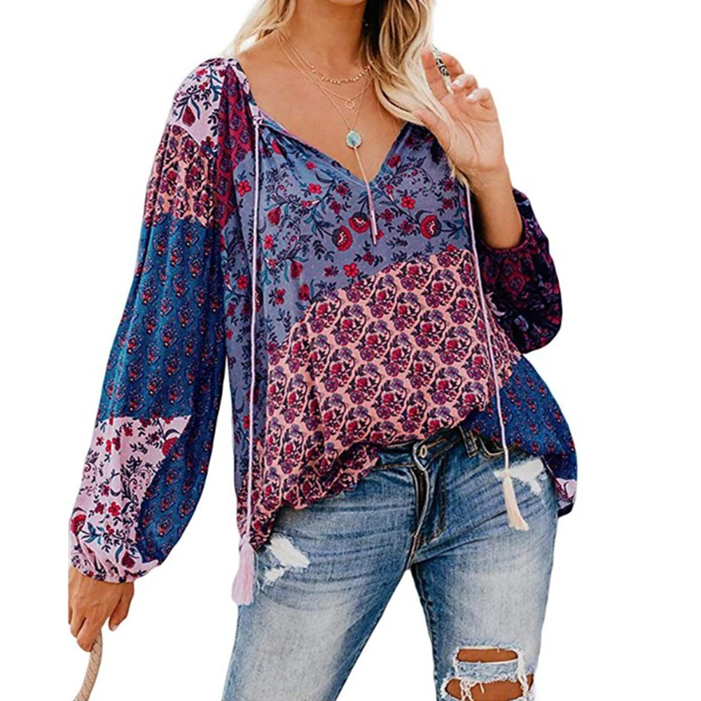 

Soft Loose Drawstring Split V Neck Long Sleeve Summer Polyester Floral Printed Casual Holiday Breathable Women Blouse Tassel