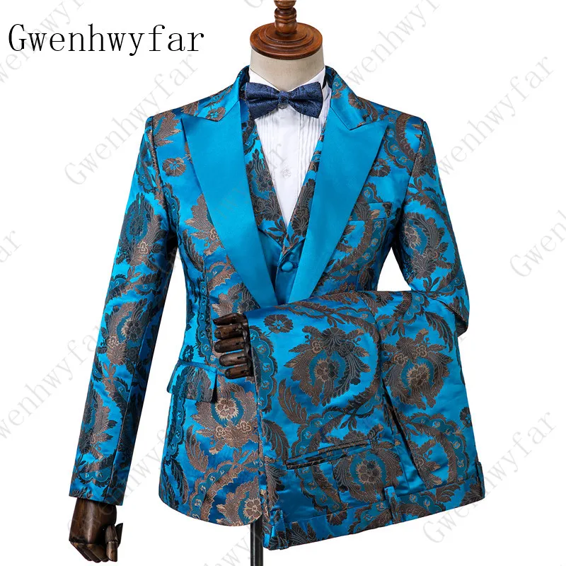 

2019 fashion new arrive high end quality men prom casual suits 3 set England style slim fit brand new floral pattern tuxedos