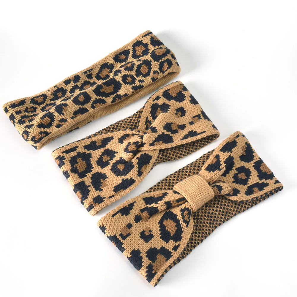 

Mother Daughter Leopard Headband Adult Child Knitting Twisted Knot Turban Women Baby Girl Woolen Crochet Fashion Wide Headwrap