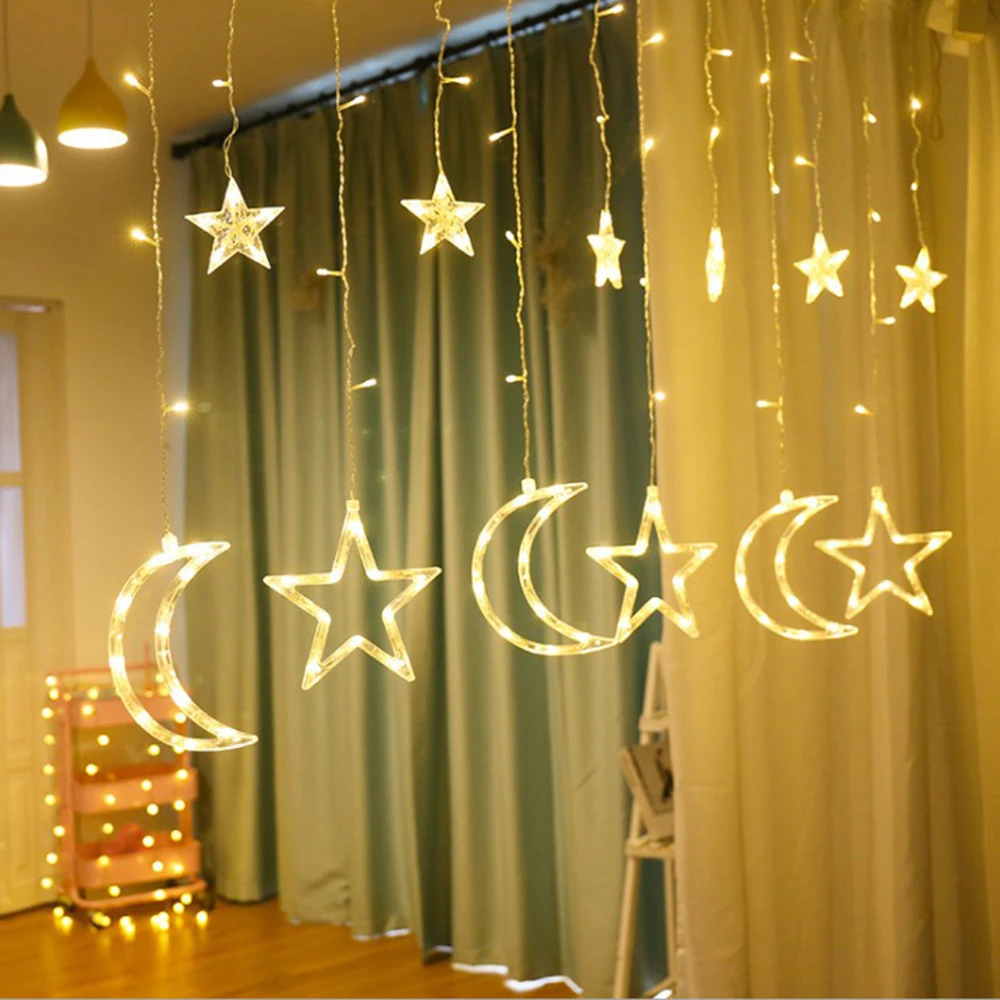 garland natal led tirai bulan bintang string peri lampu 138 led outdoor pesta liburan luces led dekorasi neon lentera