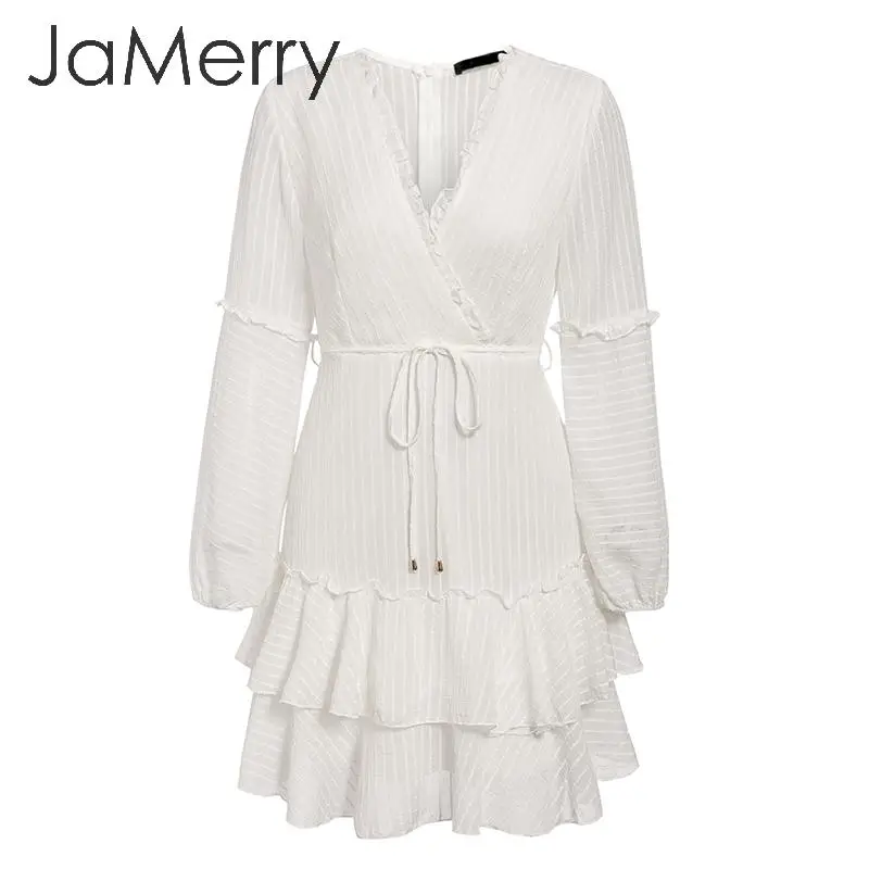 JaMerry женское белое платье с v-образным вырезом и рюшами, шифоновое женское летнее платье, Пляжное праздничное платье на бретельках в полоску, женское шикарное мини-платье