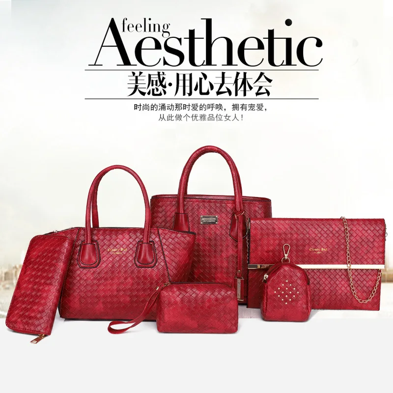 

2018 New Style Europe And America Fashion Weaving Six Pieces Set Different Size Bags Shoulder Handbag Bag