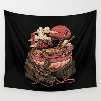 

Dragon's Ramen Tapestry Black Wall Hanging Room Bedspread Beach Mat Tapestries Psychedelic Home Decoration Accessories