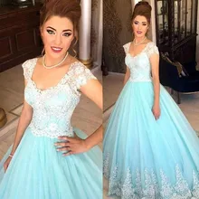 Легкое небесное платье для празднования 15-летия голубого цвета, сексуальное платье с v-образным вырезом и аппликацией для торжественных праздников, платье для выпускного, большие размеры
