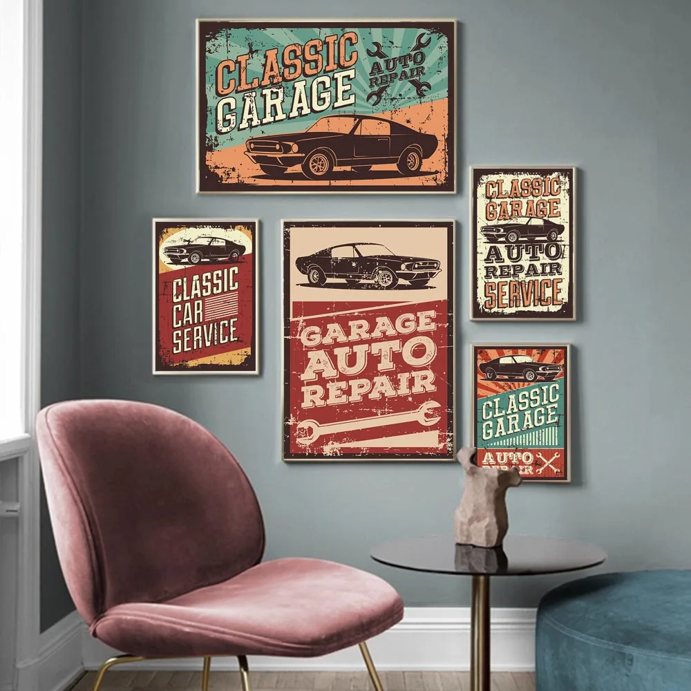 Vintage Garage Car & Motorcycle  Home Decor wall Canvas 100% cloth  print