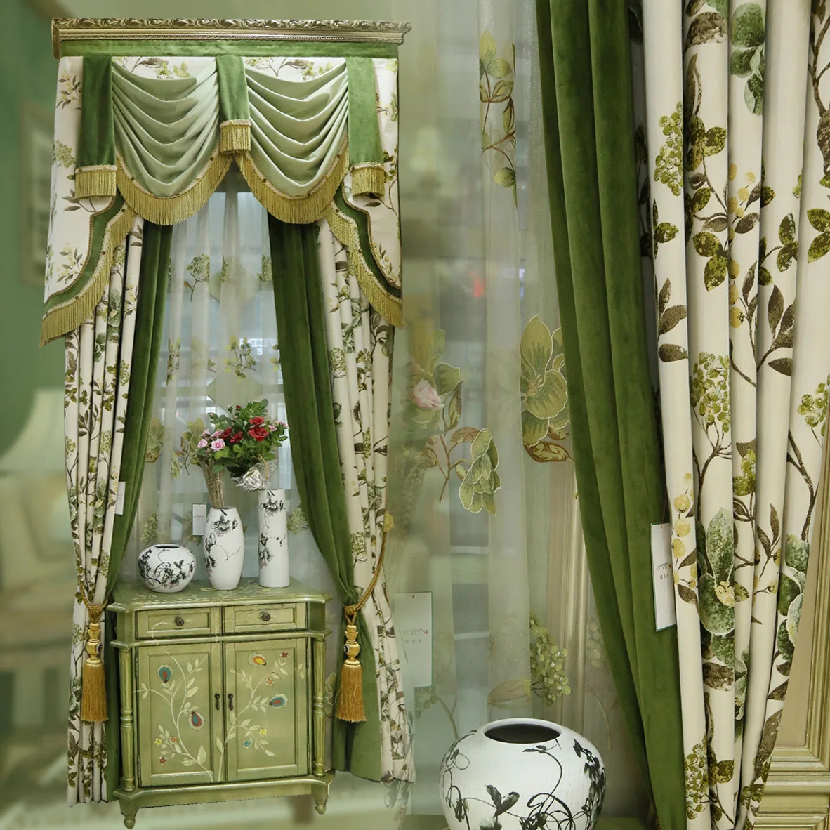 

Luxury American country garden curtain bedroom luxury European living room French window green curtain cloth