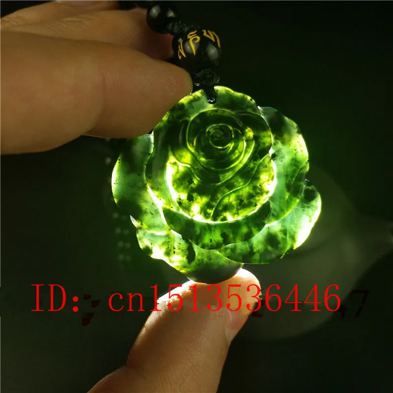 

Chinese Natural Black Green Jade Rose Pendant Necklace Charm Jewelry Carved Amulet Luck Gifts Women Sweater Chain