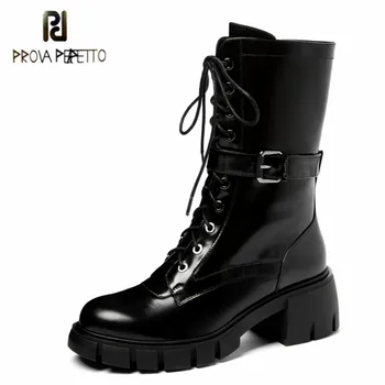 

Prova Perfetto New Style Women Ankle Boots Lace-Up Leather Black Plush In Sid-Zipper Belt Buckle Elegant High Heel bota feminina