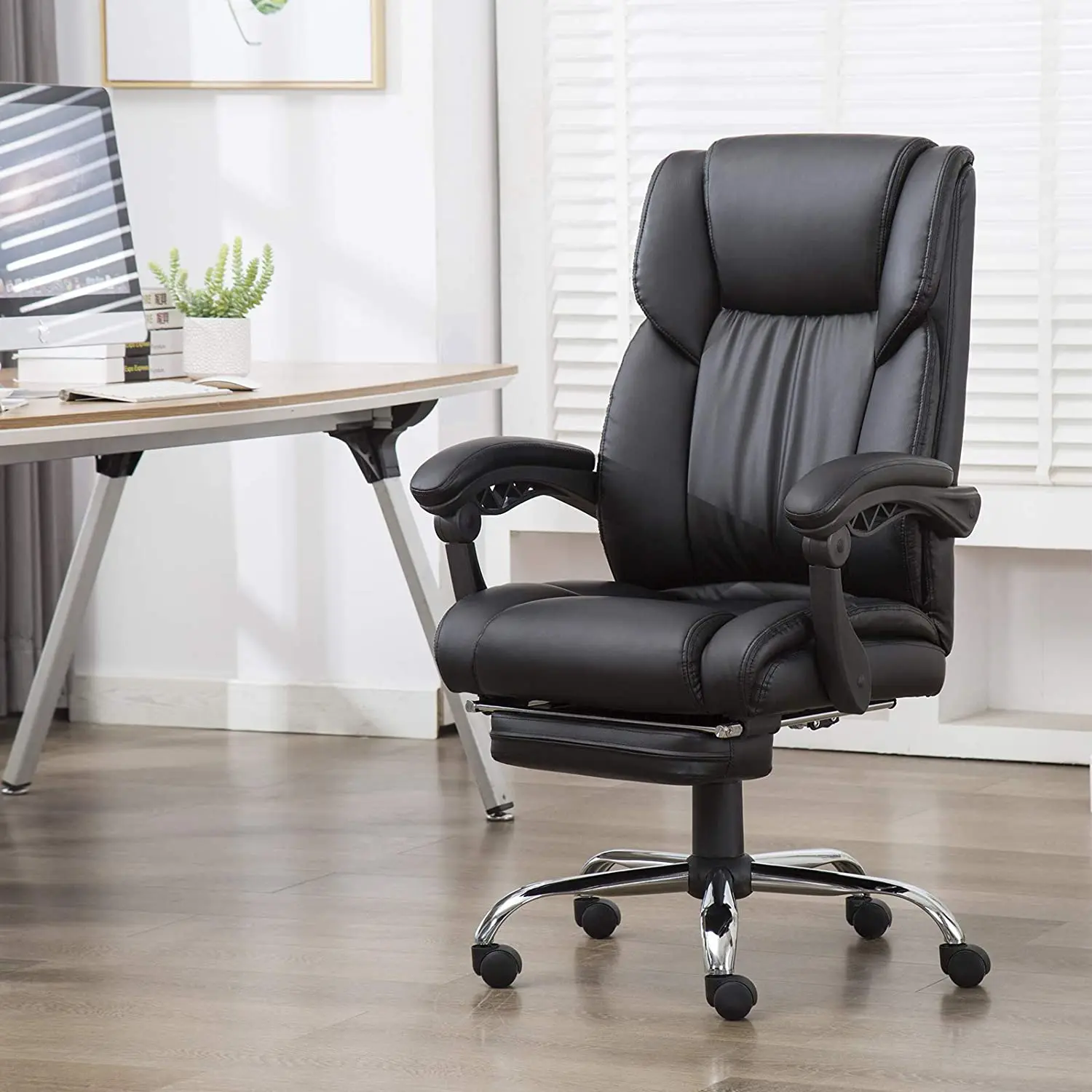

Office Executive Chair with Foldable Upholstered Footrest Ergonomic Computer Chair Adjustable and Reclining Backrest