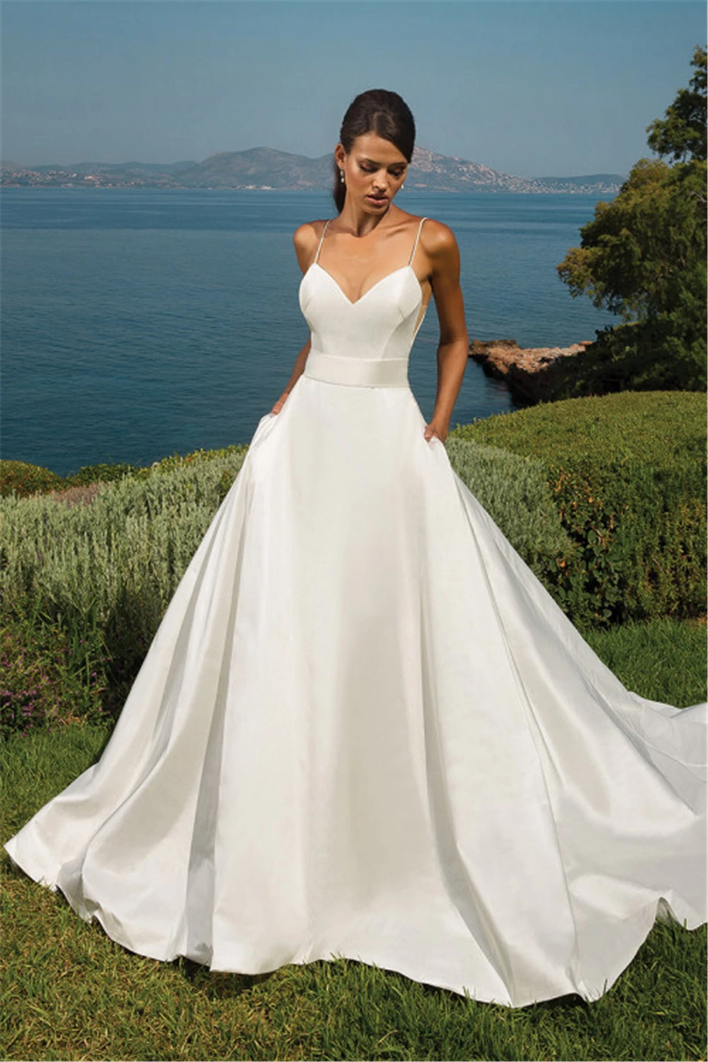 

Stunning White Satin Vestido De Casamento Spaghetti Straps Natural-Waisted Simple Court Train Plus Size Wedding Dresses With Bow