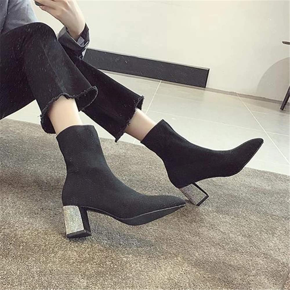 

European Booties female 2019 new autumn wild net red women shoes pointed rhinestone thick with high-heeled Chelsea socks boots