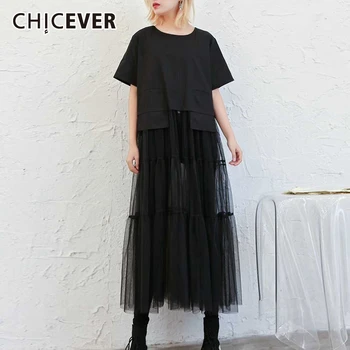 

CHICEVER Patchwork Mesh Dress Women O Neck Short Sleeve Irregular Oversize Loose Midi Dresses Korean 2020 Fashion New Clothes