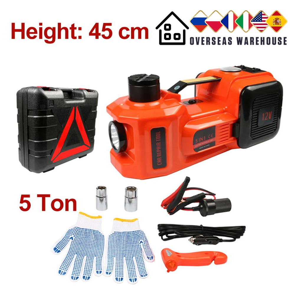 

Car Jack 12V 5T 45cm 3 In 1 Electric Hydraulic Floor Rolling Jack Tire Inflator Pump LED Flashlight Safe Hammer Tire Repair Tool