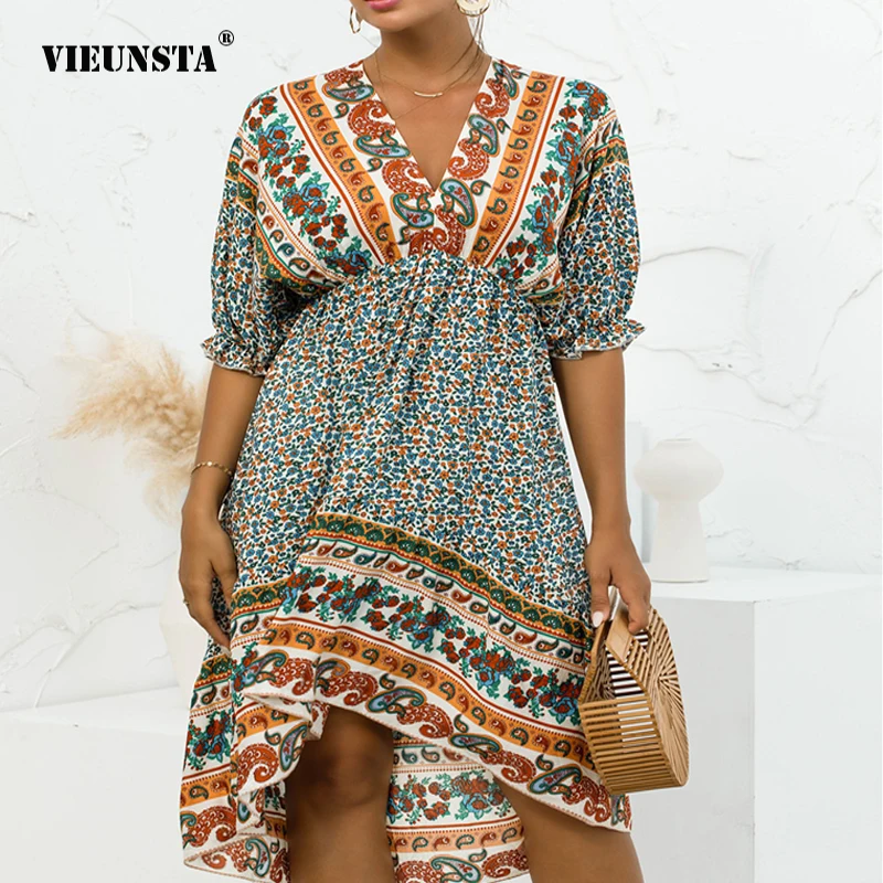 

VIEUNSTA 2021 Summer Fashion Bohemian Positioning Flower Dress V-Neck Backless Irregular Loose Halter Women Clothing Beach Dress