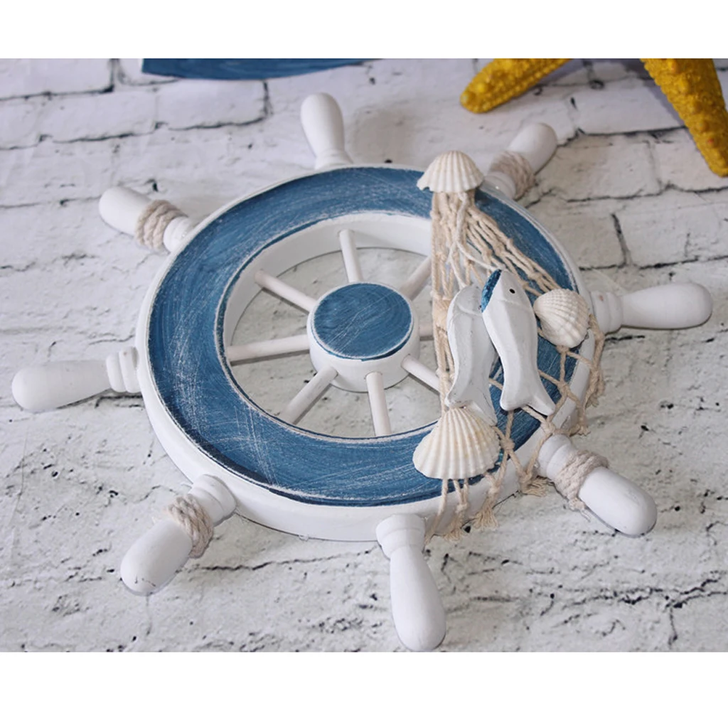 Wood Ship Wheel Nautical Seaside Wall Hanging Hook Nautical Door Plaque Signs for Home Garden Room Wall Decor Cafe Shop Ornament