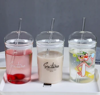

Fashion design glass straw mug,creative glass cup,transparent heat-resistant glass mugs milk cup with lid christmas mug Gift