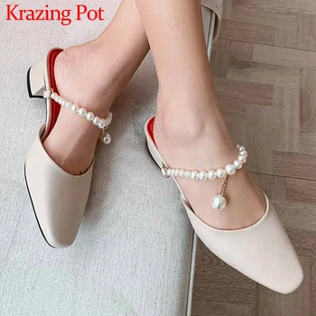 

Krazing Pot genuine leather fashion sweet pearl chains shoes square toe med heels women slip on fashion elegant simple pumps L10