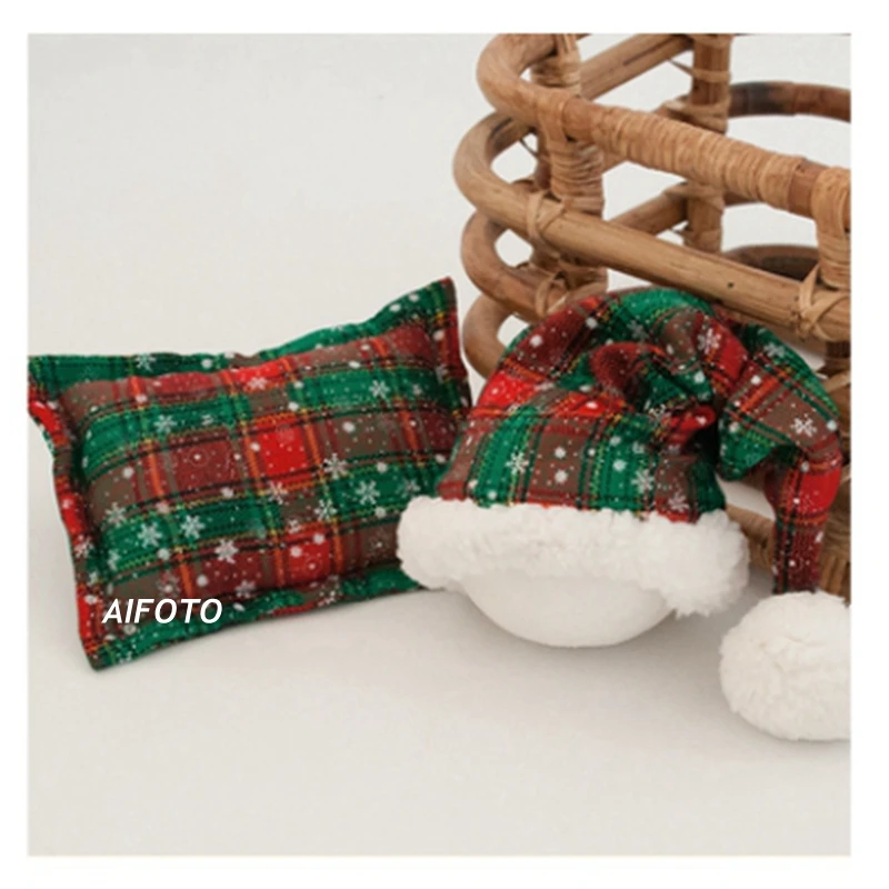 Реквизит для фотосъемки новорожденных рождественские шапки в клетку со снежинками и подушки Flokati Новогодние аксессуары для фотостудии для маленьких мальчиков и девочек - Цвет: 1Hat 1pillow