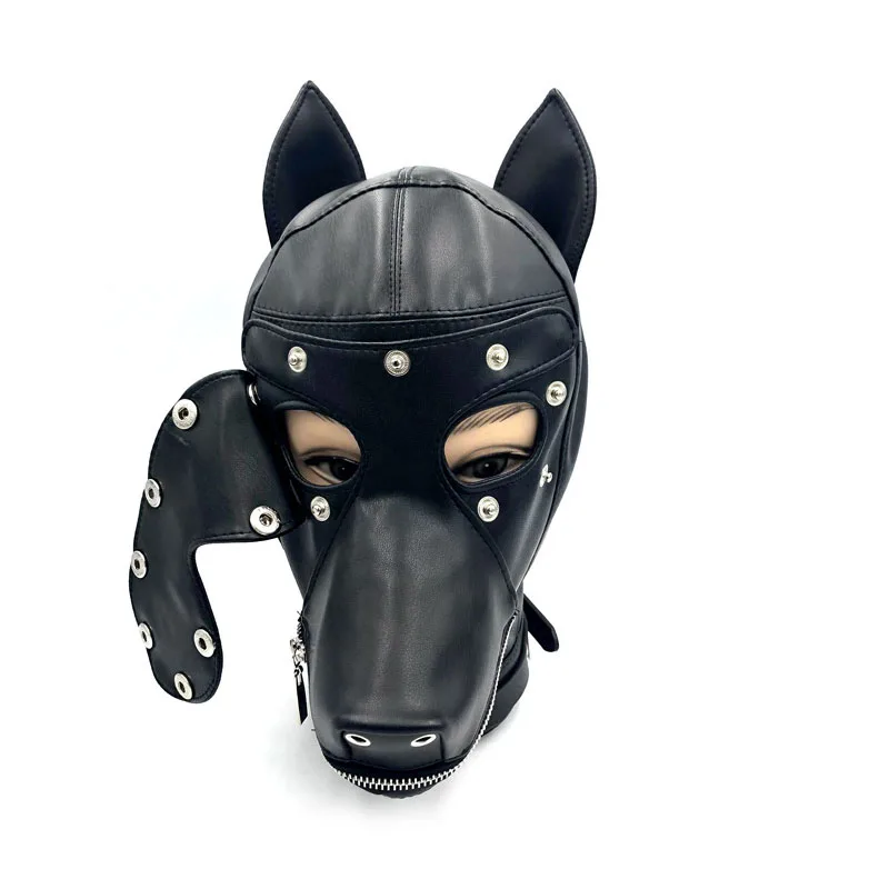 Discount Sexy Dog Cosplay Costume for Couples game SM Slave BDSM bandage restraints Masks Leather Dog Head Cover Mask sex accessories
